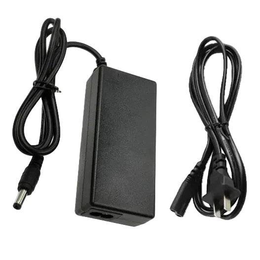 Black power adapter with two cables on a white background